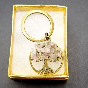 Rose quartz tree of life keychain bronze keyring